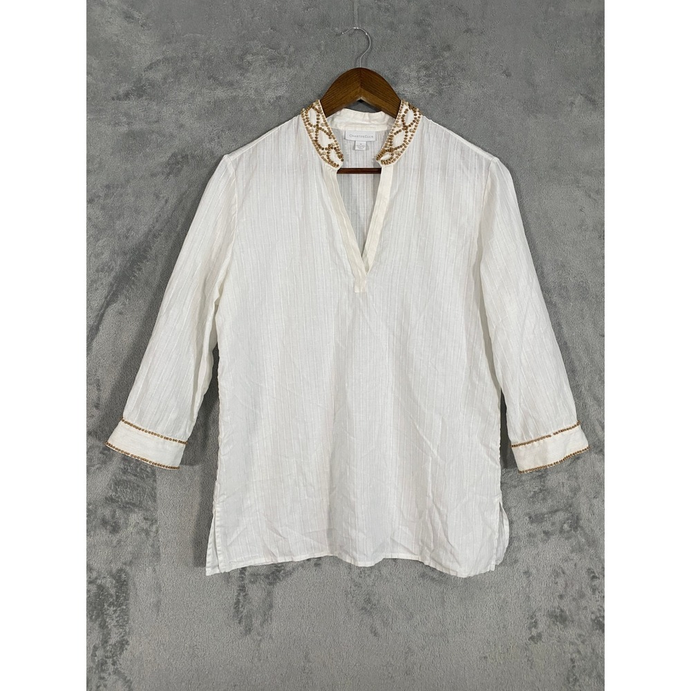 Charter Club Tunic Sz 8 White Linen‎ Blend Beaded Split Neck 3/4 Sleeve Coastal